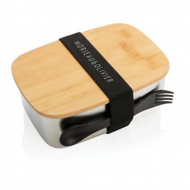 Logo trade advertising products image of: Stainless steel lunchbox with bamboo lid and spork