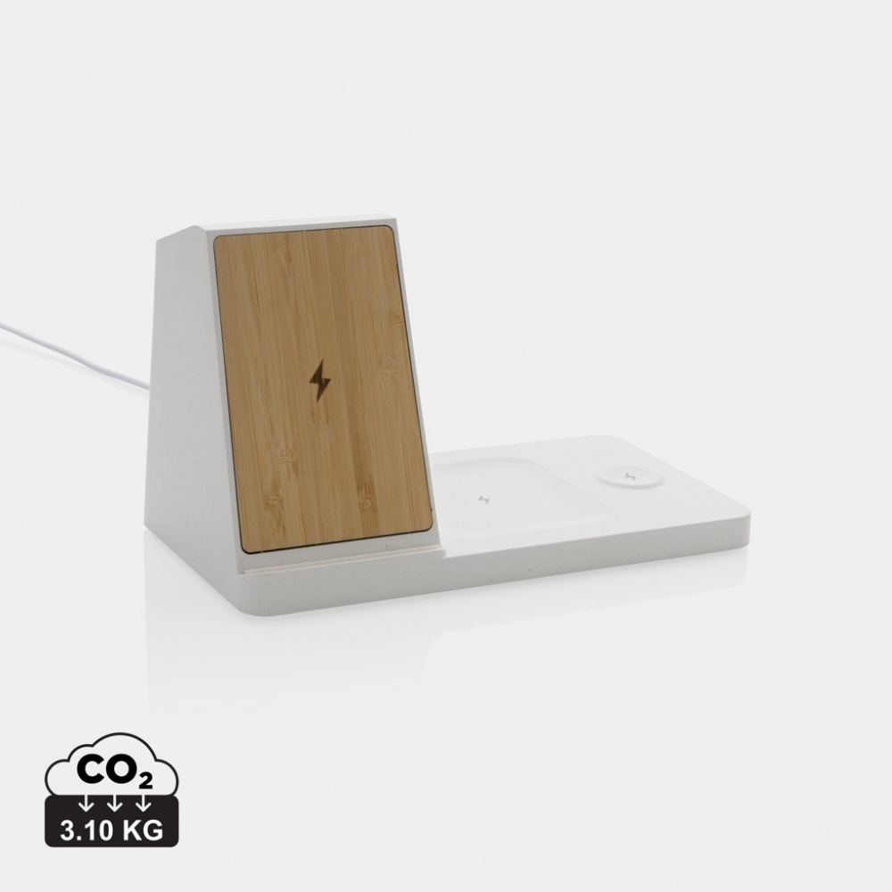 Logotrade business gift image of: Ontario recycled plastic & bamboo 3-in-1 wireless charger