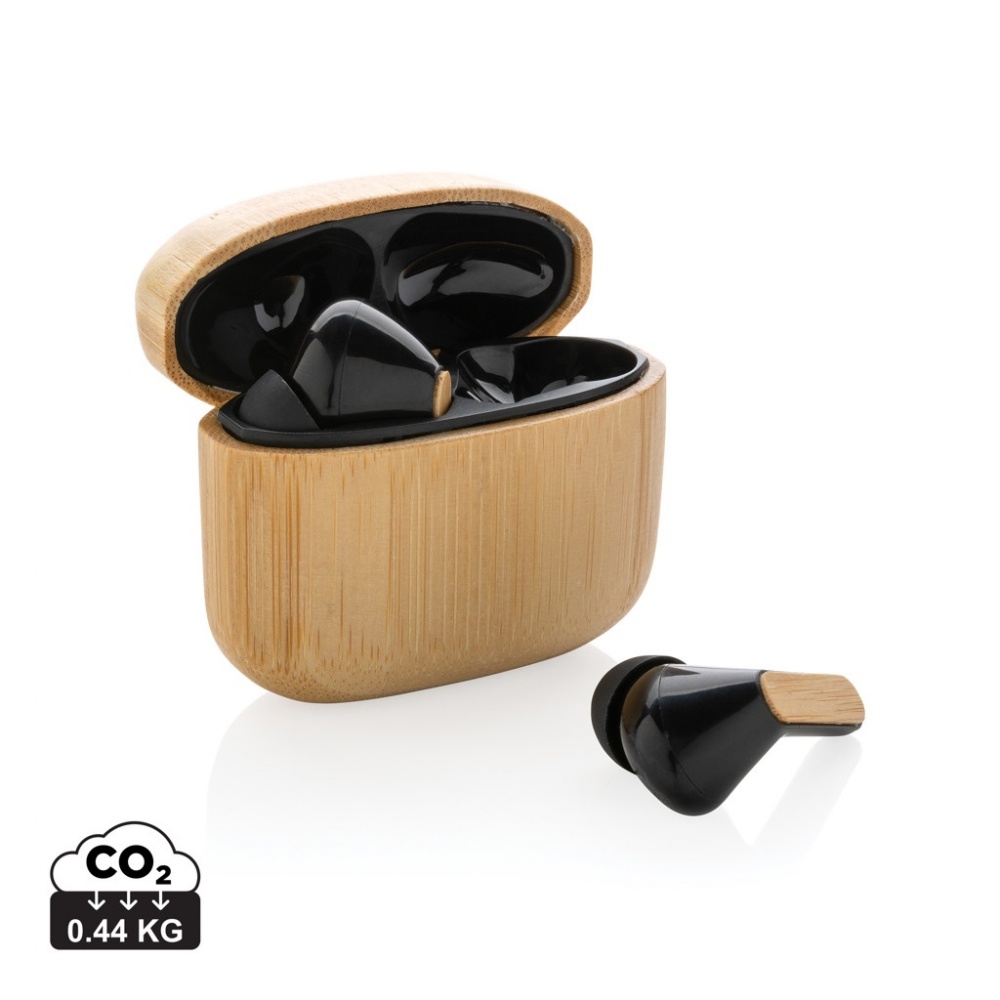 Logo trade promotional gift photo of: Bamboo TWS earbuds with RCS recycled plastic