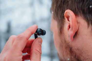 Logo trade promotional merchandise photo of: Skywave RCS recycled plastic solar earbuds