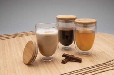 Logotrade corporate gift image of: Double wall borosilicate glass with bamboo lid 350ml 2pc set