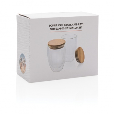 Logo trade promotional item photo of: Double wall borosilicate glass with bamboo lid 350ml 2pc set
