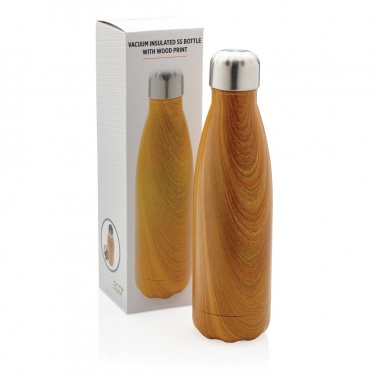 Logo trade promotional giveaways image of: Vacuum insulated stainless steel bottle with wood print