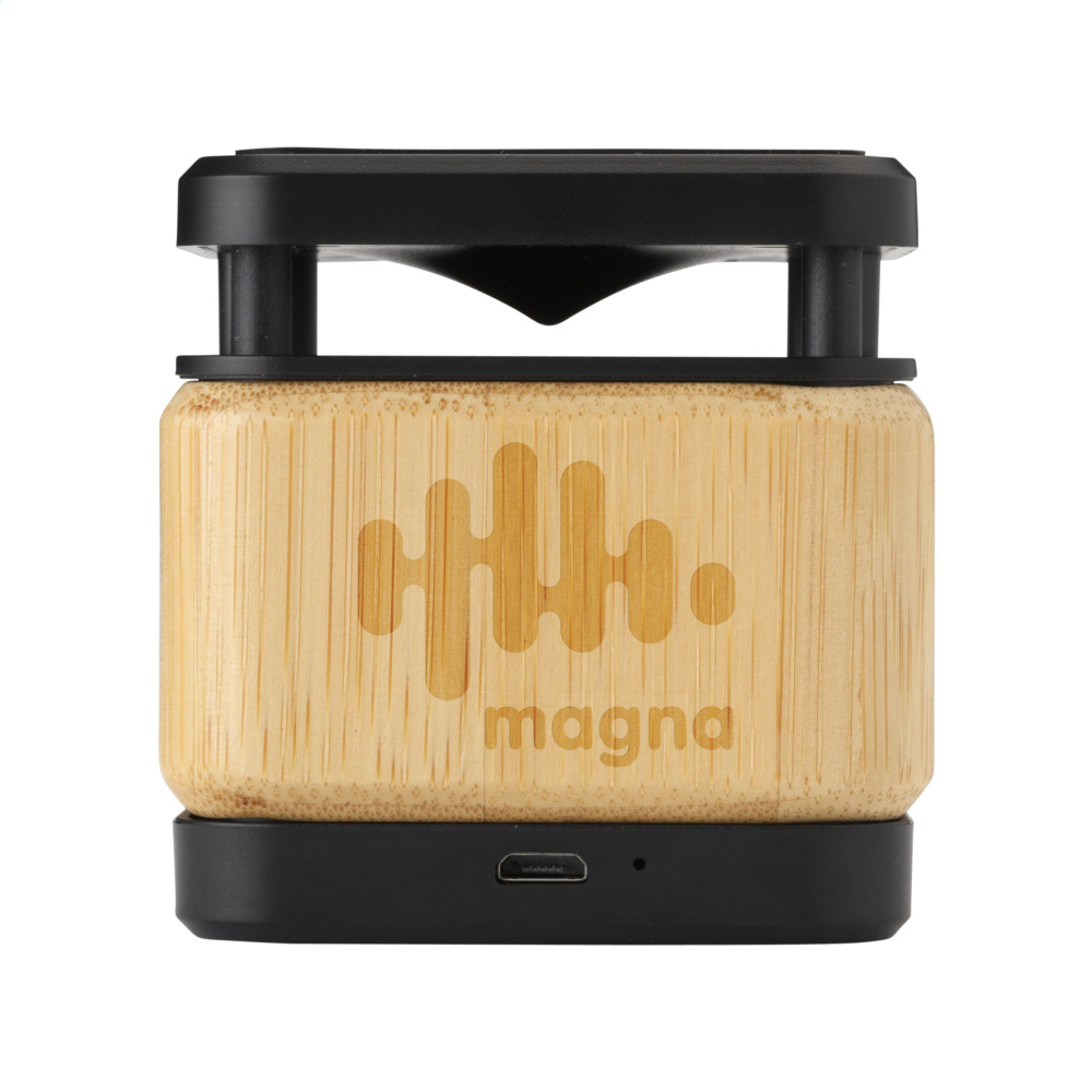 Logo trade advertising products image of: Bamboo Block Speaker with wireless charger