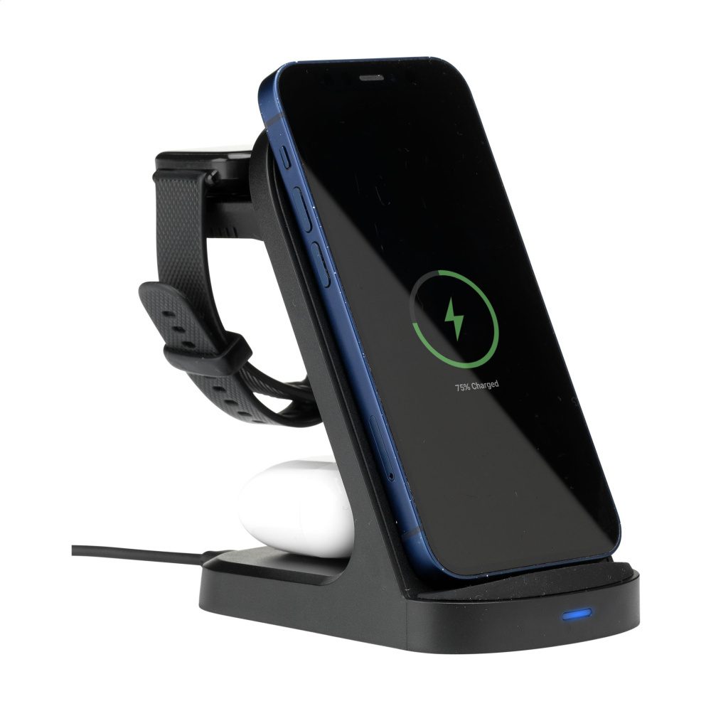 Logotrade promotional product image of: Triple-Up RCS Recycled ABS Wireless Charger Stand