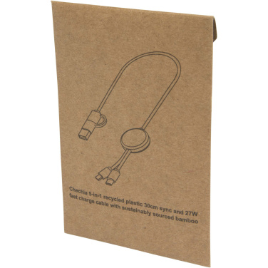 Logo trade promotional item photo of: Chechia 5-in-1 recycled plastic 30 cm data sync and 27W fast charge cable with bamboo details