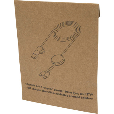 Logo trade business gift photo of: Chechia 5-in-1 recycled plastic 150 cm data sync and 27W fast charge cable with bamboo details