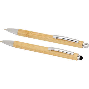 Logo trade corporate gift photo of: Oblys bamboo ballpoint pen and mechanical pencil set (black ink)