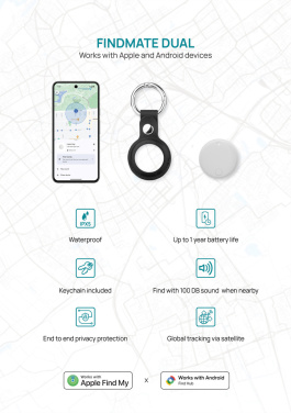 Logo trade promotional merchandise image of: Findmate Dual RCS recycled plastic item finder IPX 5