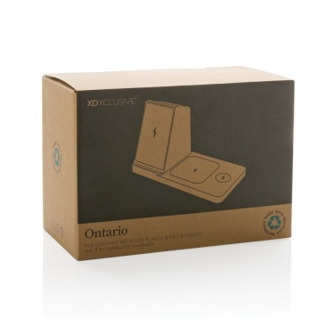 Logotrade ärikingituse foto: Ontario taaskasutatud plastist ja bambusest kolm-ühes juhtmevaba laadija