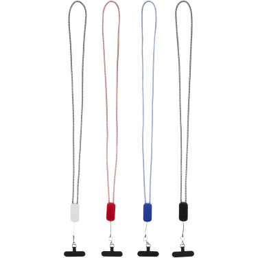 Logotrade liikelahjat mainoslahjat tuotekuva: Anser kierrätetystä muovista valmistettu älypuhelinkaulanauha, jossa on 27 W:n 5-in-1-kaapeli