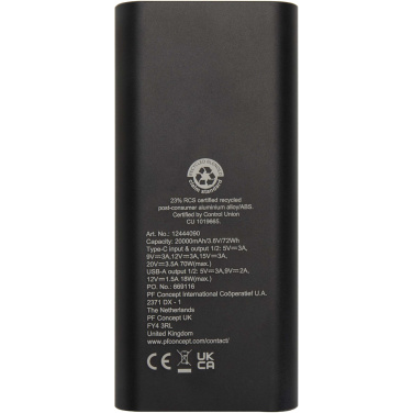 Logotrade reklamprodukter bild: Acamar 20 000 mAh 70 W powerbank för bärbar dator av återvunnen aluminium